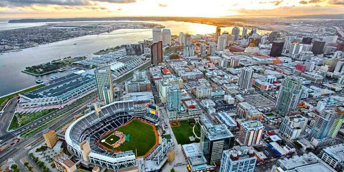 Aerial view of downtown San Diego and the bay, part of Fraser Plumbing service area